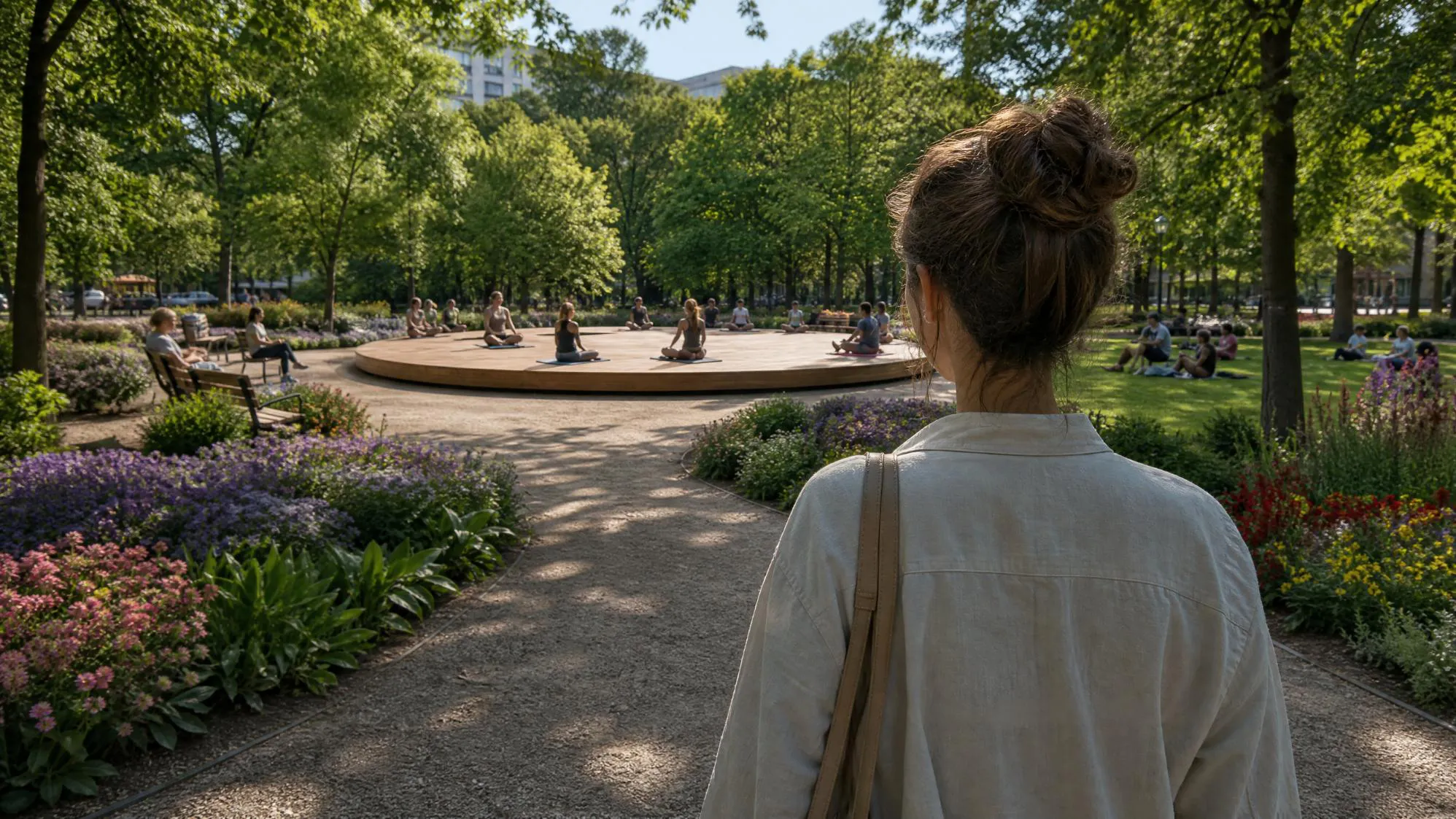 Člověk hledící na živý městský park, kde se lidé scházejí, meditují a odpočívají mezi stromy a květinovými záhony
